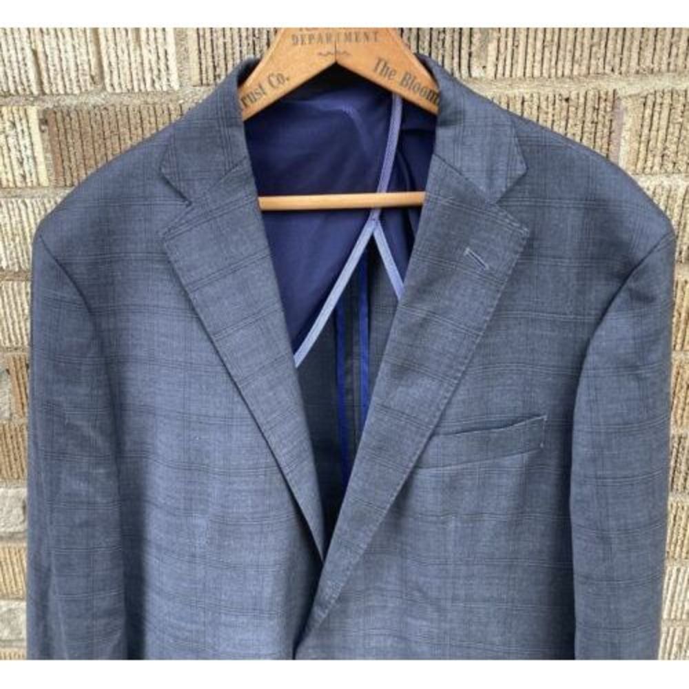 Mens Cole Haan 42L Blue/Gray Plaid Suit Jacket Wool Spandex Blazer 2 Button READ